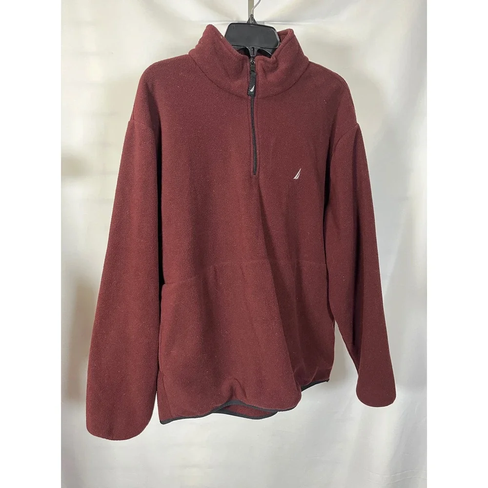 Nautica Mens Quarter Zip‎ Fleece Pullover Burgundy Maroon Large Logo Sweater